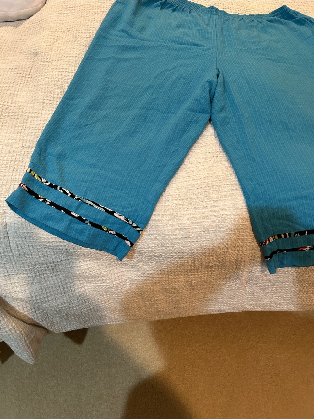 Turquoise Ribbed pants with Trim Detail